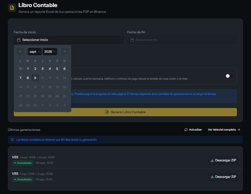 Libro Contable con selector de fechas e historial de reportes descargables